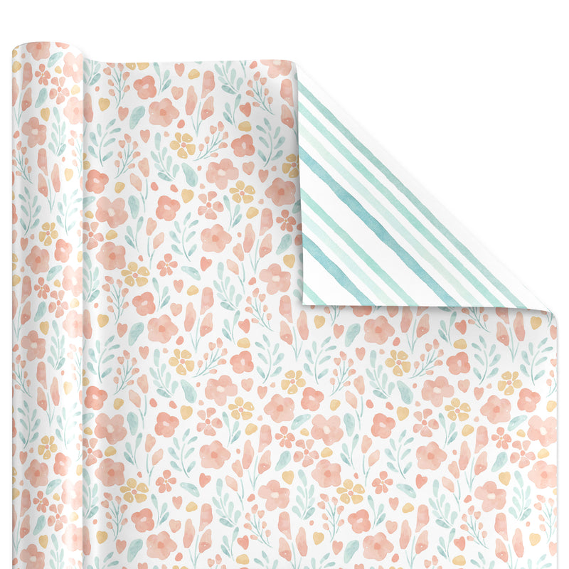 30" x 10' Reversible Wrapping Paper | Soft Floral w/ Teal Diagional Stripe
