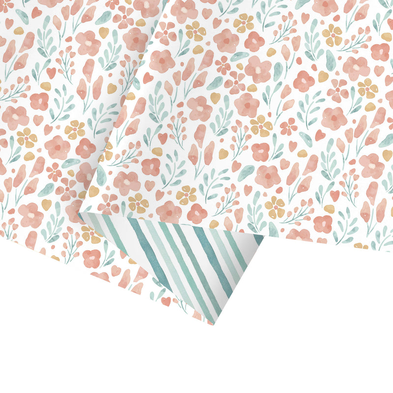 30" x 10' Reversible Wrapping Paper | Soft Floral w/ Teal Diagional Stripe