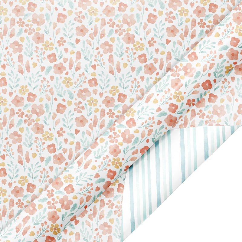 30" x 10' Reversible Wrapping Paper | Soft Floral w/ Teal Diagional Stripe