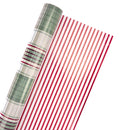 24" x 417' Reversible Holiday Wrapping Paper Half Ream | Large Red and Green Plaid/Red and White Stripe