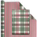 24" x 417' Reversible Holiday Wrapping Paper Half Ream | Large Red and Green Plaid/Red and White Stripe