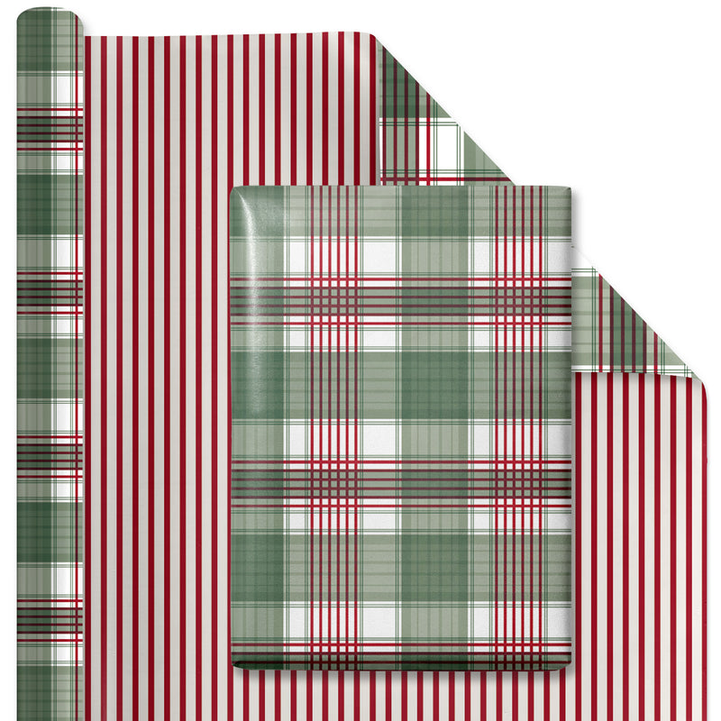 30" x 10' Reversible Holiday Wrapping Paper | Large Red and Green Plaid/Red and White Stripe