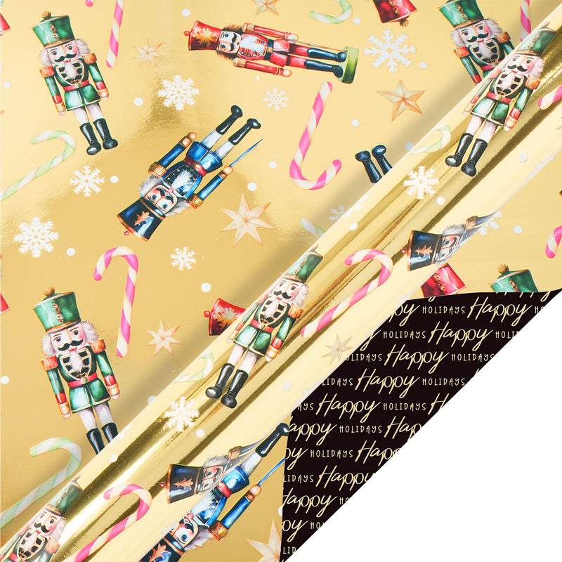 30" x 10' Reversible Holiday Wrapping Paper | All Over Nutcracker on Gold/ Black and Gold Happy Holidays