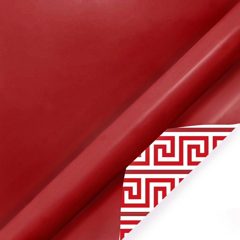 30" x 10' Reversible Holiday Wrapping Paper | Solid Red/Red and White Greek Key