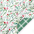 30" x 10' Reversible Holiday Wrapping Paper | Watercolor Holly/Green and White Lattis