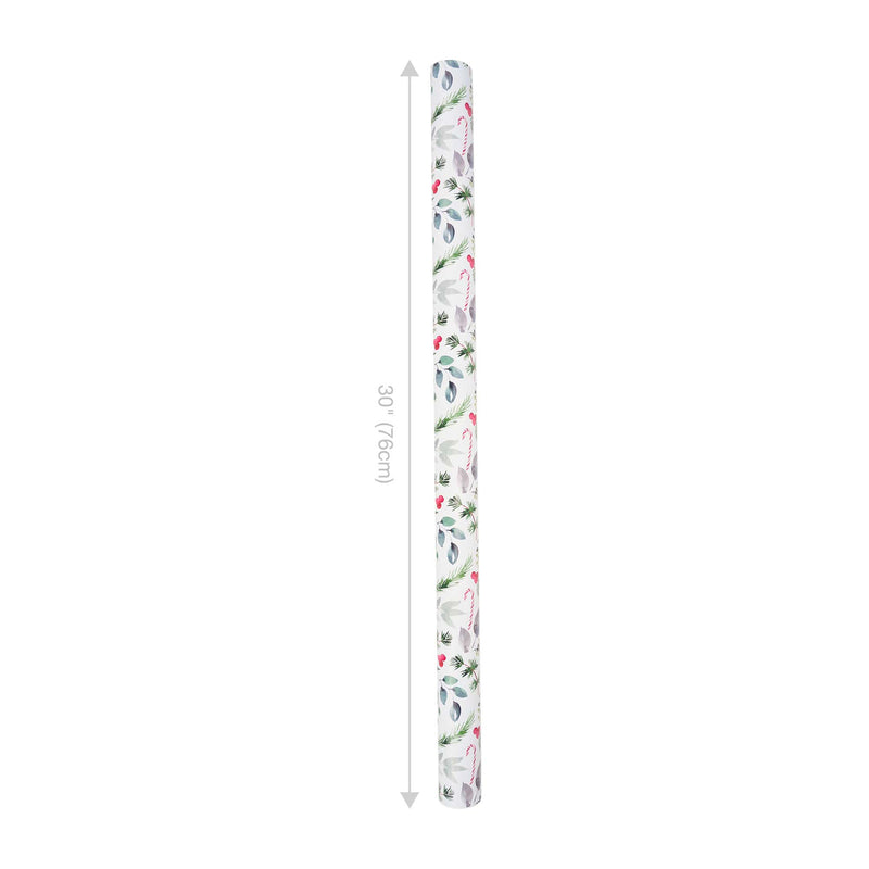30" x 10' Reversible Holiday Wrapping Paper | Watercolor Holly/Green and White Lattis