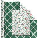 30" x 10' Reversible Holiday Wrapping Paper | Watercolor Holly/Green and White Lattis
