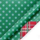 30" x 10' Reversible Holiday Wrapping Paper | White Dot on Green/Watercolor Plaid
