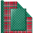 30" x 10' Reversible Holiday Wrapping Paper | White Dot on Green/Watercolor Plaid