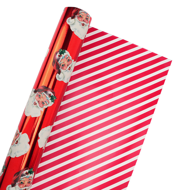 30" x 10' Reversible Holiday Wrapping Paper | Vintage Santa Faces/Red and White Diagonal Stripe