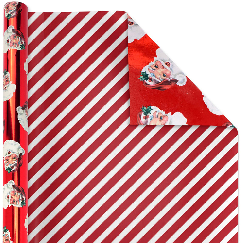 30" x 10' Reversible Holiday Wrapping Paper | Vintage Santa Faces/Red and White Diagonal Stripe