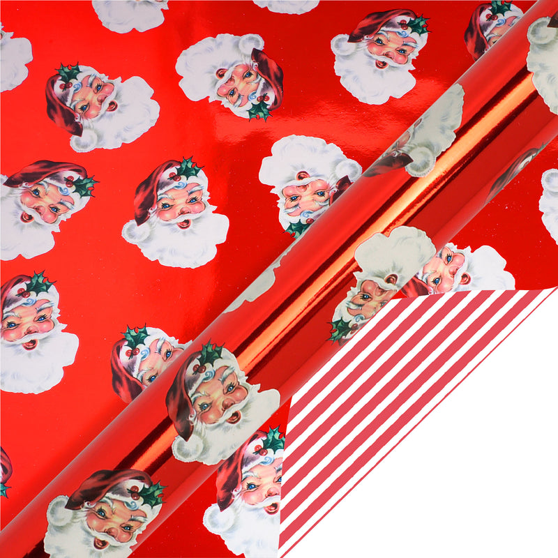 30" x 10' Reversible Holiday Wrapping Paper | Vintage Santa Faces/Red and White Diagonal Stripe
