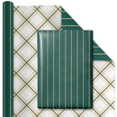30" x 10' Reversible Holiday Wrapping Paper | Gold on Green Pinstripe/Green and Gold Bias Plaid
