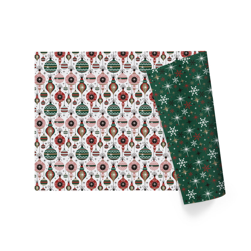 30" x 10' Reversible Holiday Wrapping Paper | Retro Ornaments/Retro Snowflakes and Stars