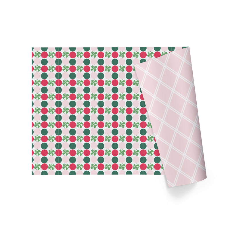 30" x 10' Reversible Holiday Wrapping Paper | Peppermint Dots/Pink and White Diagonal Plaid