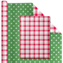 30" x 10' Reversible Holiday Wrapping Paper | Red and Pink Checkered Plaid/Mint Green with Baby Snowflake