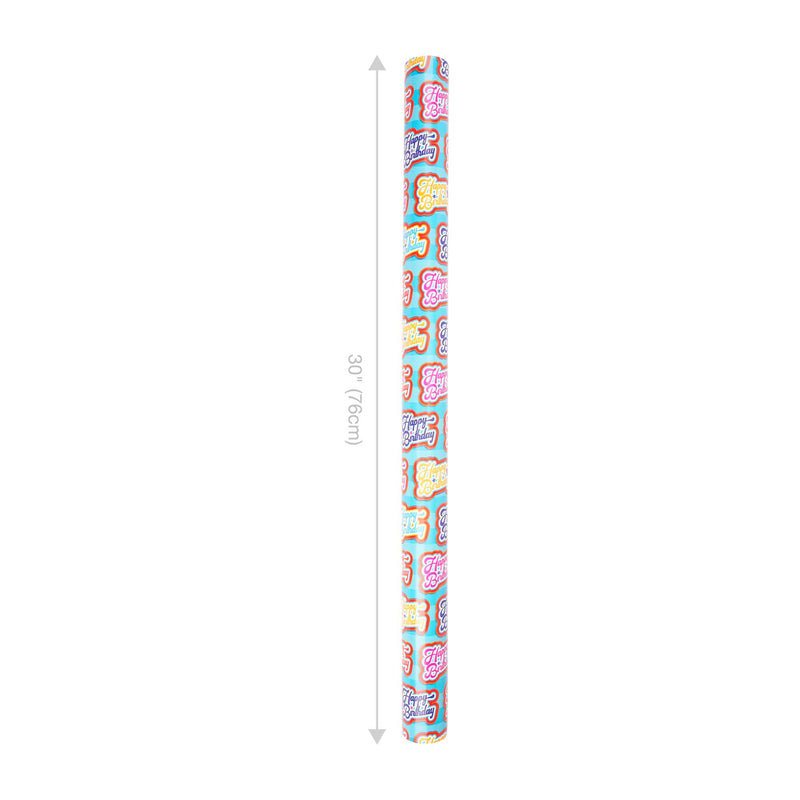 30" x 10' Reversible Holiday Wrapping Paper | Bubble Font Happy Birthday/Patterned Stripes