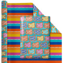 30" x 10' Reversible Holiday Wrapping Paper | Bubble Font Happy Birthday/Patterned Stripes