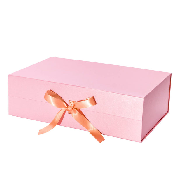 14" x 9" x 4.3" Collapsible Gift Box w/ Satin Ribbon & Magnetic Square Flap Lid | Pink