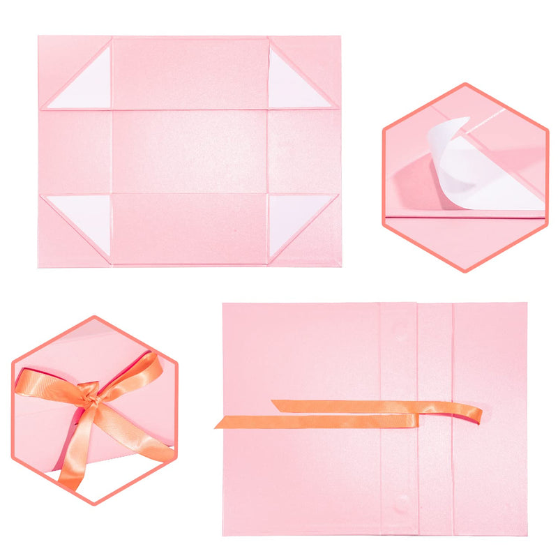 14" x 9" x 4.3" Collapsible Gift Box w/ Satin Ribbon & Magnetic Square Flap Lid | Pink