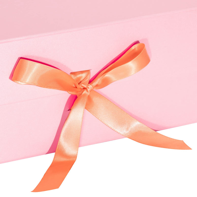 14" x 9" x 4.3" Collapsible Gift Box w/ Satin Ribbon & Magnetic Square Flap Lid | Pink
