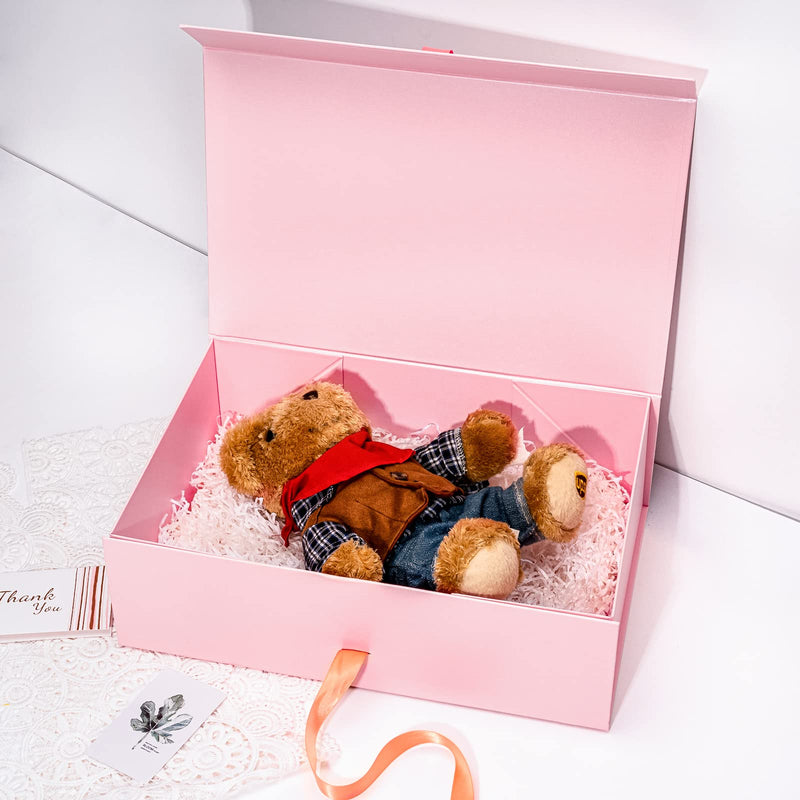 14" x 9" x 4.3" Collapsible Gift Box w/ Satin Ribbon & Magnetic Square Flap Lid | Pink