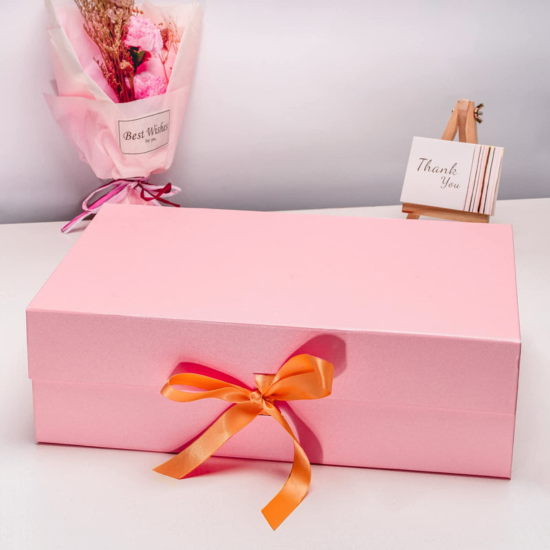 14" x 9" x 4.3" Collapsible Gift Box w/ Satin Ribbon & Magnetic Square Flap Lid | Pink